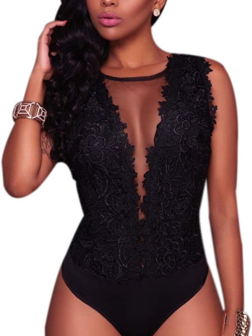 Sexy Lace Bodysuit Jumpsuit - Sheer Mesh Sleeveless/Long Sleeve Party Top